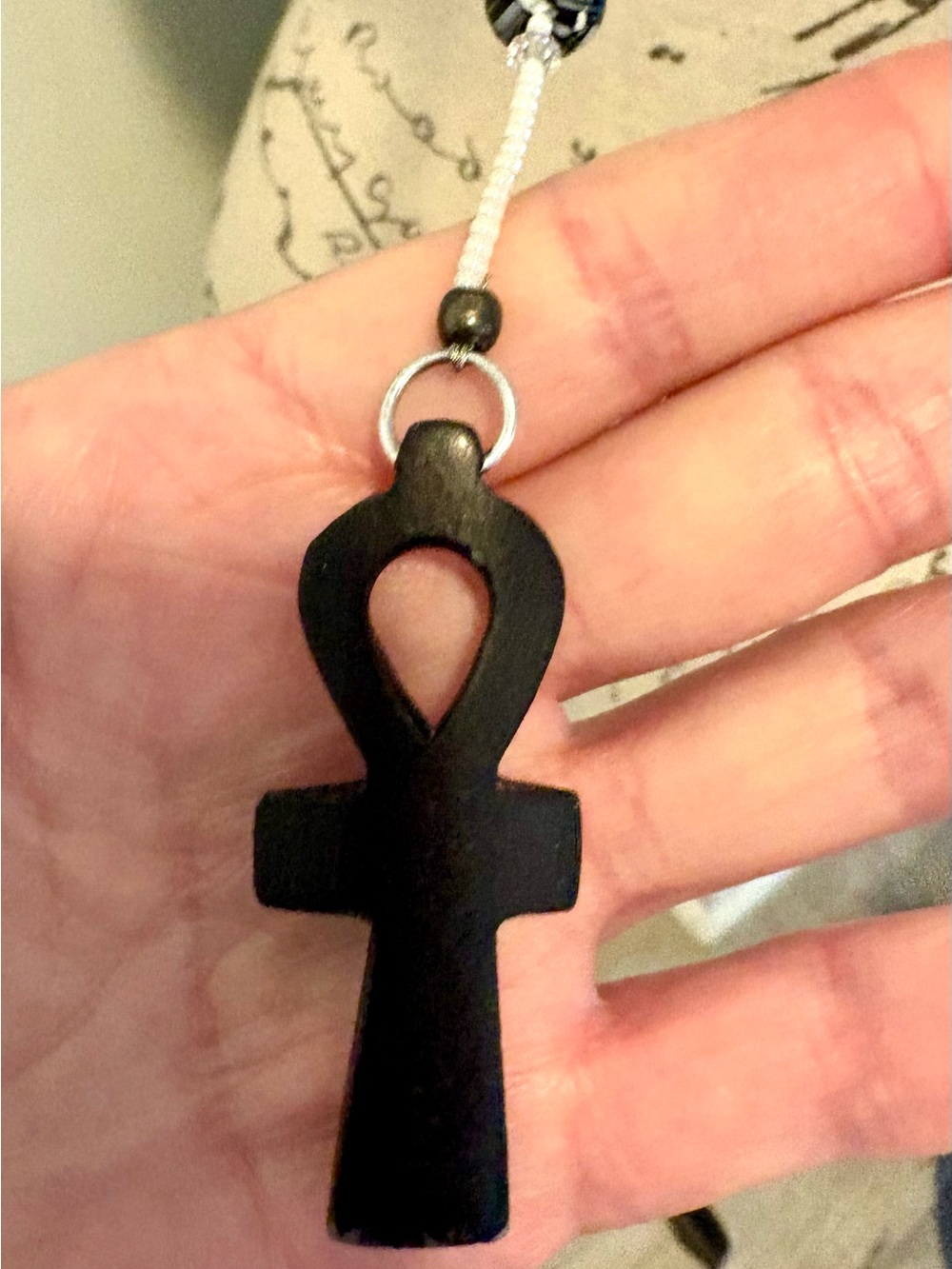 Vintage Artisan Egyptian Ankh Wood Pendant Long Beaded Lariat Necklace Boho 37” - Picture 3 of 12